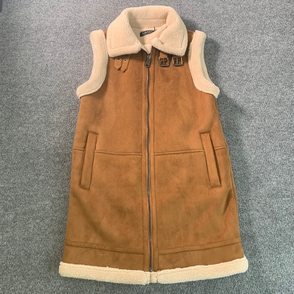 Lauren Ralph Lauren Faux Shearling Vest Tan Brown Aviator Longline XS